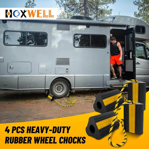 Durable Rubber Wheel Chocks For RV Trailer Camper Truck Car And Aircraft With Rope Two Pair Or Four Pack Three Reflective Strips
