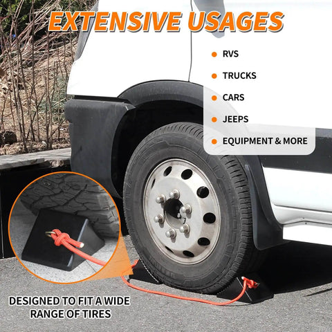 Heavy Duty Rubber Wheel Chocks With Eyebolt For Campers Travel Trailers RVs Trucks And ATVs Anti Slip And Anti Oil Design 8 x 5 x 4 Inches 4 Pack Each Weighs About 2.45 Pounds For Solid Traction And Easy Storage shown securing van tire.