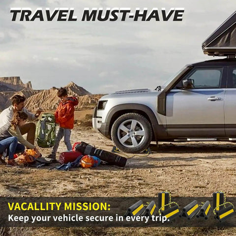 A family camping beside a vehicle in a desert, showing Heavy Duty Rubber Wheel Chocks For Travel Trailers Campers RVs And Cars With Nylon Rope And Yellow Reflective Tape Size Four Point Two Inches By Four Point Seven Inches By Eight Point Two Inches Nine Lbs Total Weight Two Pairs Four Pack Sturdy Tire in action.