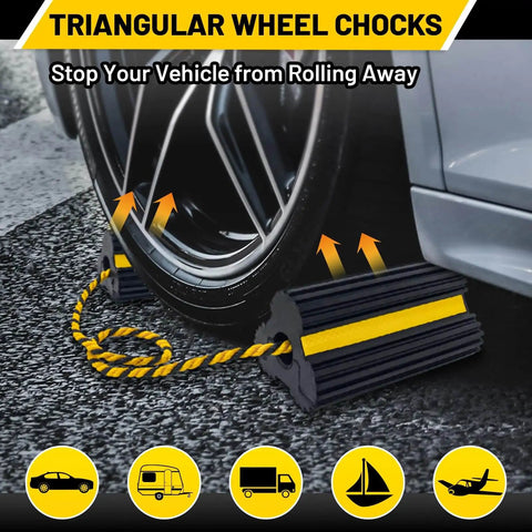 Heavy Duty Rubber Wheel Chocks With 30 Inch Nylon Rope And Reflective Yellow Tape securing vehicle on asphalt surface