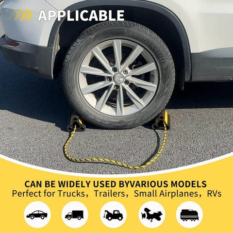Beefy Heavy Duty Rubber Wheel Chocks for Campers RVs Trailers Trucks and Small Aircraft Universal Fit with reflective strips.