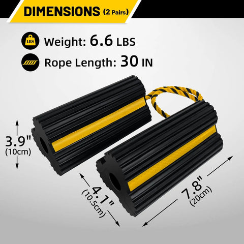 Heavy Duty Rubber Wheel Chocks With 30 Inch Nylon Rope And Reflective Yellow Tape For Secure Parking Road Trip Ready 4 Pack