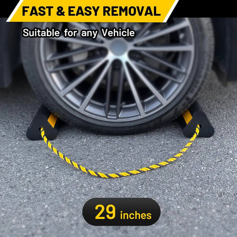 Heavy Duty Rubber Wheel Chocks Four Pack With Rope For RV Trailer Camper Truck Car Aircraft Anti Roll Traction Blocks With Three Reflective Strips Durable Tire Immobilizers For Safe Parking And Prevent Rolling shown in use with vehicle wheel on pavement
