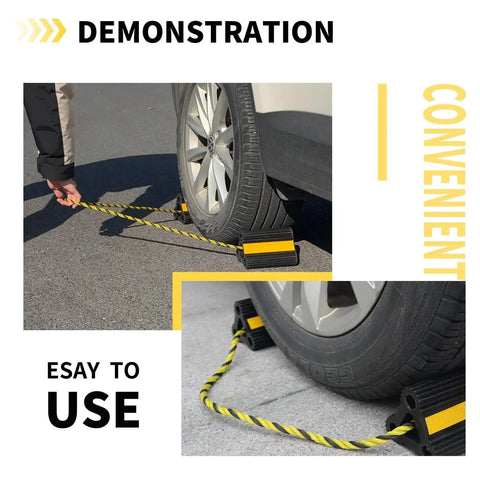 Beefy Heavy Duty Rubber Wheel Chocks for Campers RVs Trailers Trucks and Small Aircraft Universal Fit 4 Pack placed under tire