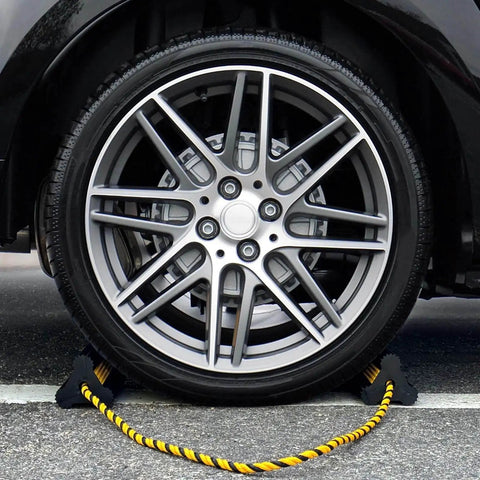 Heavy Duty Rubber Wheel Chocks Set With 52 Inch Nylon Rope Non Slip Tire Stop Blocks For RVs Campers Travel Trailers Motorhomes Aircraft Cars And Trucks 2 Pack High Visibility securing a car tire.