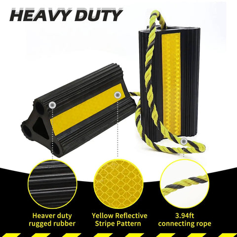Heavy Duty Rubber Wheel Chocks For Travel Trailers Campers RVs And Cars With Nylon Rope And Yellow Reflective Tape Size Four Point Two Inches By Four Point Seven Inches By Eight Point Two Inches Nine Lbs Total Weight Two Pairs Four Pack Sturdy Tire