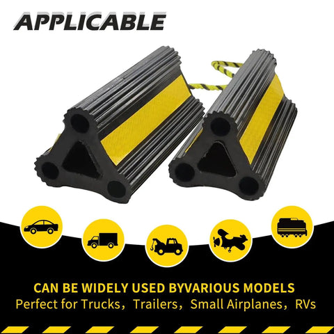 Heavy Duty Rubber Wheel Chocks For Travel Trailers Campers RVs And Cars With Nylon Rope And Yellow Reflective Tape Size Four Point Two