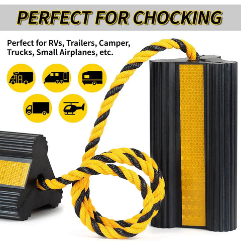 Heavy Duty Rubber Wheel Chocks Set With 52 Inch Nylon Rope Non Slip Tire Stop Blocks For RVs Campers Travel Trailers Motorhomes Aircraft Cars And Trucks 2 Pack High Visibility