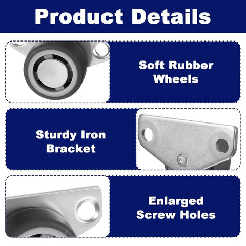 16 Piece Low Profile Side Mount Casters 1.15 Inch Gray Non Swivel Rigid Rubber Wheels 35 Lb Capacity Each With Screws