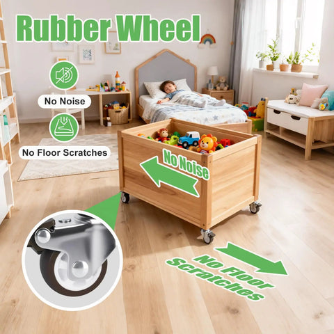 1.5 Inch Stem Casters Set of 4 With Brakes shown on a wooden toy box in child's bedroom, illustrating floor protection and quiet movement