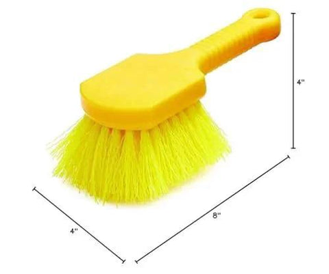 Rubbermaid Commercial 8" Utility Scrub Brush Plastic Handle Synthetic Bristles shown with dimensions for heavy-duty cleaning.