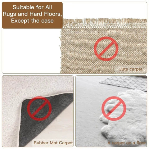 Image showing rugs and carpets unsuitable for Eight Piece Non Slip Rug Pad Grippers For Hardwood Floors, marked with a red circle.