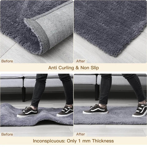 Before and after using Eight Piece Non Slip Rug Pad Grippers For Hardwood Floors, showing anti-curling and non-slip effect on area rug.