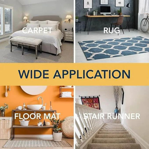 Image showing various applications of a Two Sided Rug Tape Heavy Duty Grip That Keeps Rugs Put, 90 Feet Long, 1.88 Inches Wide, Ultra Sticky Adhesive For Concrete, Tile, Hardwood, Laminate, Indoor And Outdoor Use, Runners, Mats, And Area Rugs in carpeted bedroom, office with rug, bathroom with floor mat, and stair runner.