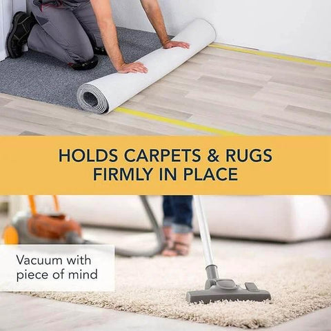 Man installing rug using Two Sided Rug Tape Heavy Duty Grip That Keeps Rugs Put, 90 Feet Long, 1.88 Inches Wide, Ultra Sticky Adhesive