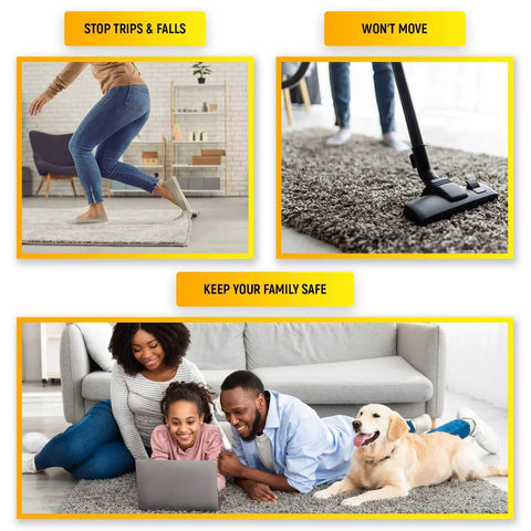 Heavy Duty Double Sided Carpet Tape For Area Rugs On Tile And Hardwood Floors No Damage 105 Feet By 2 Inches Rug Tape For Tile Floors Multi Purpose Strong Adhesive For Carpets And Tiles Sticks Like Crazy, demonstrating secure rug use in family room with pet dog.