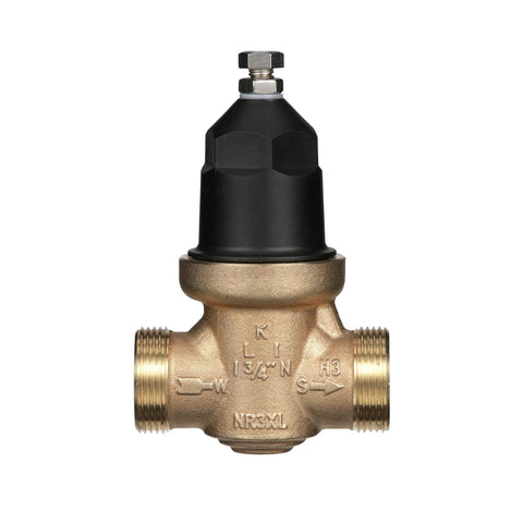 Rugged One And One Quarter Inch NR3XL Pressure Reducing Valve With Double Union FNPT Connection For Potable Water Lines, Cartridge Loaded For Quick Repairs, Stainless Steel Strainer, Tailpiece Options In Threaded PEX Copper Sweat And CPVC By Zurn Wilkins, front view.