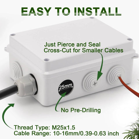 Rugged Reinforced ABS Electrical Junction Box IP65 Weatherproof Outdoor Enclosure With 2 M25 Cable Glands shown with cables