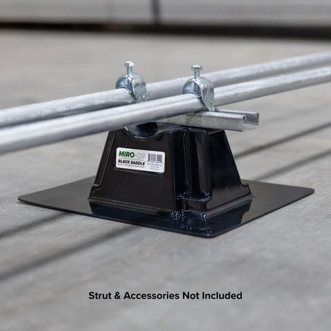 Black saddle rooftop pipe support with metal pipe secured by clamps on a base plate; MIRO label visible.