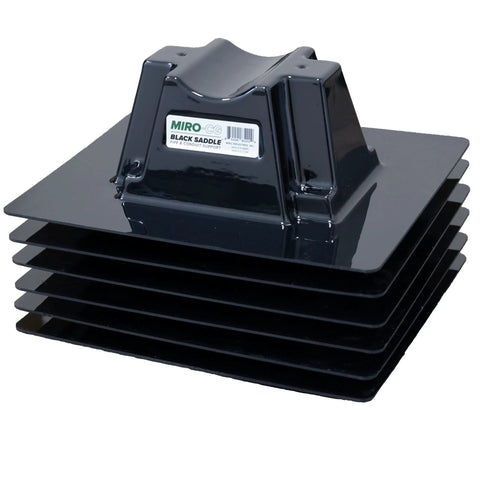Black saddle rooftop pipe support with stacked polycarbonate roof blocks for up to 3.5 in pipes, MIRO-CG.