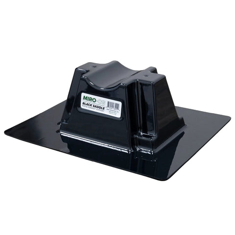 Black saddle rooftop pipe support on a flat base for up to 3.5-inch pipes, MIRO-CG label visible