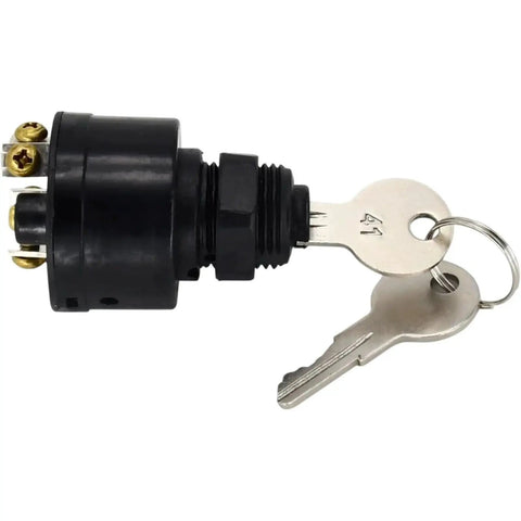Boat engine ignition switch with black housing, brass terminal block, and two keys