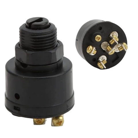 Panel-mount ignition switch, black housing with threaded shaft; front and rear views show brass terminals.