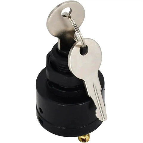 Locking gas cap with two keys on a keyring; black plastic base and silver metal top.