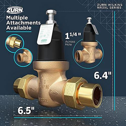 Zurn Wilkins NR3XL 1-1/4 inch pressure reducing valve with double union FNPT brass body