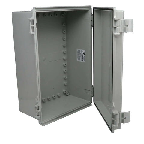 Open Rugged Outdoor NEMA Poly PBT Blend Economy Enclosure Box, Weatherproof IP66 And NEMA 1 2 4 4X Rated, gray, side view