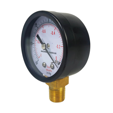 HFS vacuum pressure gauge, -30 inHg to 0 psi, black steel housing with brass 1/4 in NPT lower mount, dual psi/bar scale