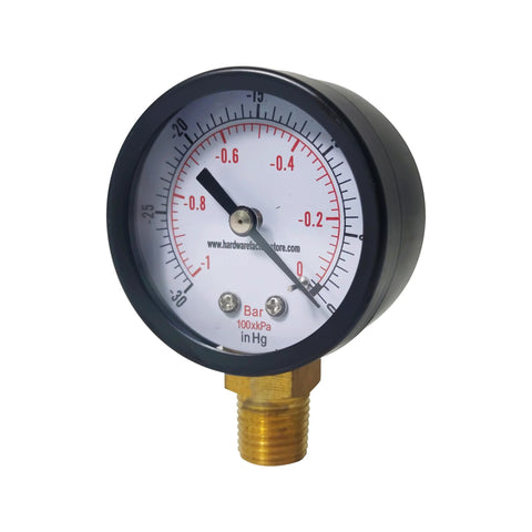 HFS vacuum pressure gauge with black steel case and brass 1/4 in NPT lower mount; dual PSI/Bar scale
