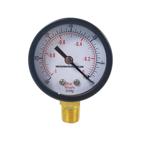 Front view of HFS dry utility vacuum pressure gauge, black steel housing, 1/4 in NPT lower mount, PSI and Bar dual scale