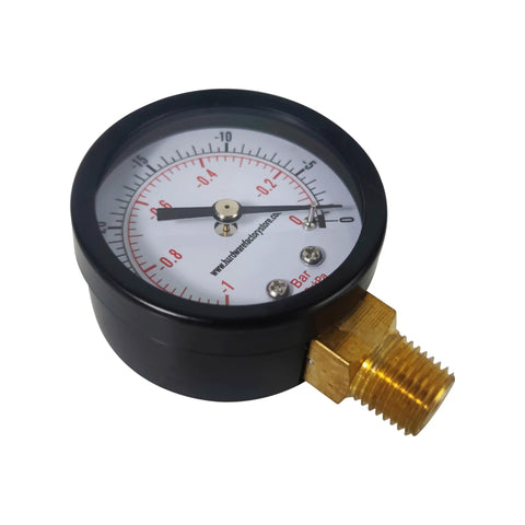 HFS vacuum pressure gauge, Amazon brand, black steel body, brass 1/4 in NPT lower mount, dual psi/bar scale.