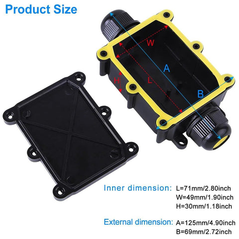 Dimensions and view of Rugged Outdoor Waterproof IP68 Junction Box for Electrical Wiring, covers and M20 cable gland visible