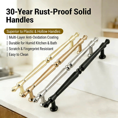 Display of champagne bronze cabinet handles with anti-oxidation coating, durable for kitchen and bath use, easy to clean.