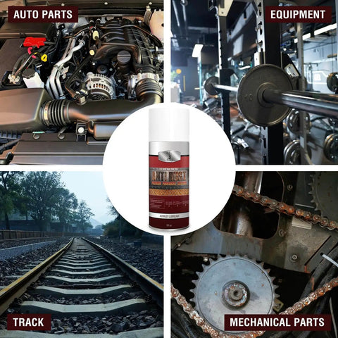 Collage showing auto parts, gym equipment, train track, and mechanical parts with Rust Proof Lubricant Spray For Quiet Door Hinges Windows And Garage Doors With Extension Straw 30 Ounce Two Bottle Pack Waterproof Rust Preventative Formula For Automotive And Industrial Use.