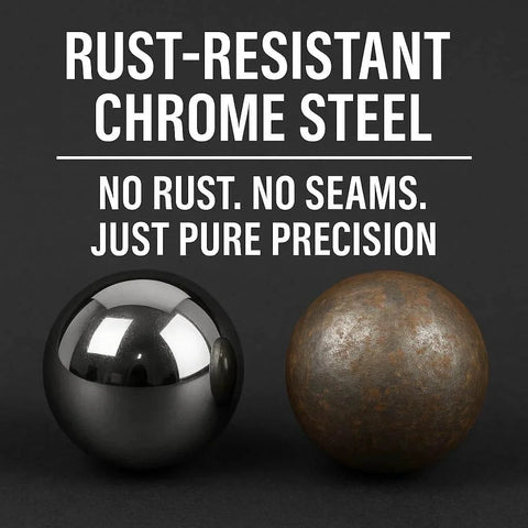 Comparison showing rust-resistant chrome steel and rusted ball, highlighting 25 Qty 1/2" Inch (0.50") Precision Chrome Steel Bearing Balls G25.