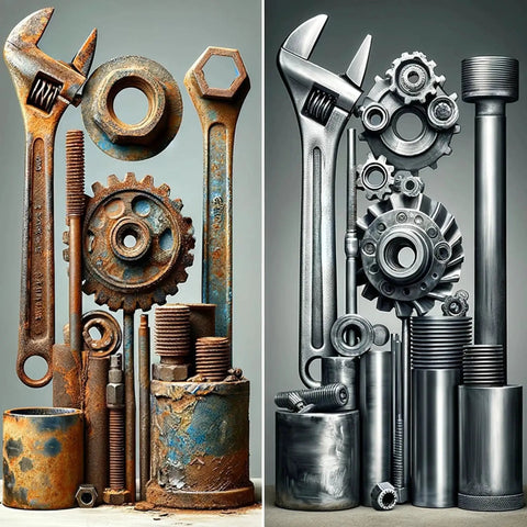 Comparison of rusted and polished metal tools, gears, and bolts, illustrating effects of blasting and polishing processes.