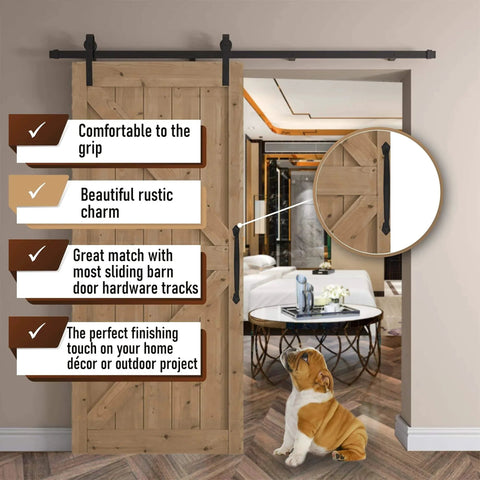 12 Inch Round Rustic Barn Door Handle Black Steel Pull installed on wooden sliding door in living room setup