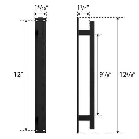 Rustic Barn Door Handle For Sliding Doors, Heavy Duty Long Base Gate Pull, Solid Steel With Frosted Black Finish, side and front view with dimensions