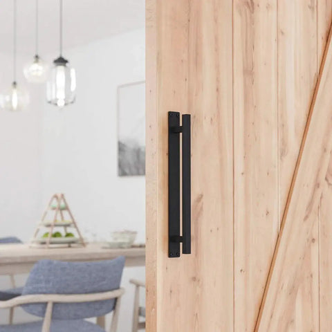 Rustic Barn Door Handle For Sliding Doors, Heavy Duty Long Base Gate Pull, Solid Steel With Frosted Black Finish on wooden door.