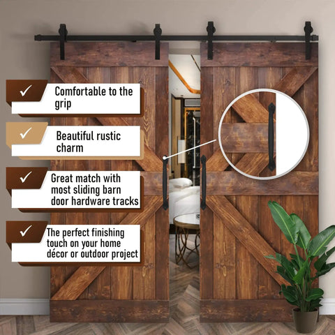 2-Pack 10 Inch Round Rustic Sliding Barn Door Handle In Black Steel installed on wooden barn doors indoors