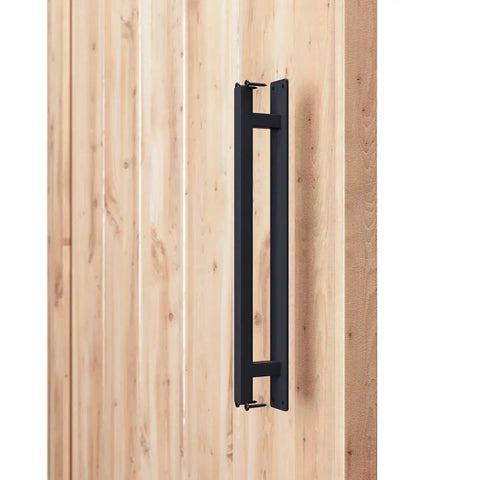 Rustic Barn Door Handle For Sliding Doors, Heavy Duty Long Base Gate Pull, Solid Steel With Frosted Black Finish installed on door
