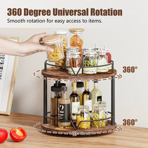 12 Inch Wood Lazy Susan Two Tier Rotating Spice Rack Turntable Organizer, rustic brown, holding jars and bottles, 360-degree rotation.