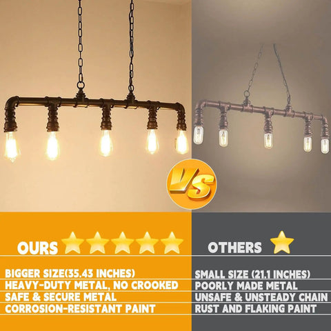 Comparison of rustic industrial tube pipe chandelier with five light Edison style pendant, showing features and ratings.