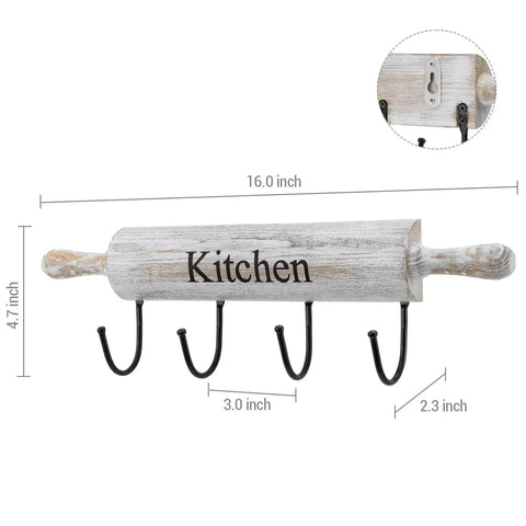 Wall Mounted Kitchen Utensil Rack, Rustic White Washed Wood Rolling Pin Cooking Tool Hanger with 4 Hooks for aprons, towels, mugs, spoons