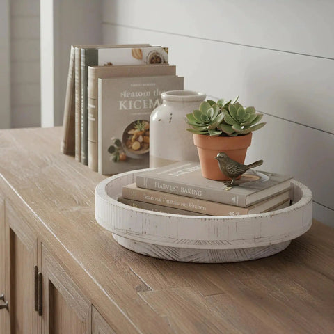12 Inch Wood Lazy Susan Turntable Organizer For Kitchen Counters And Pantries with decor items on a wooden table