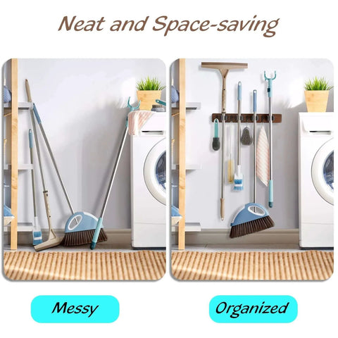 Comparison of a messy to an organized space using Rustic Wood Wall Mount Mop And Broom Organizer With 4 Slots And 4 Hooks.