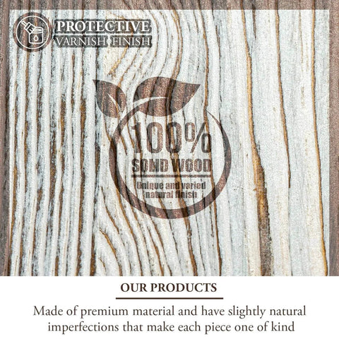 Close-up of wood texture with protective varnish finish, featuring a 100% solid wood emblem, part of a rustic wall mounted kitchen utensil rack.